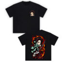 Tanjiro Flame Sword Tee product image showing the front left-chest chibi Tanjiro head and the full back sword-and-flames Tanjiro artwork on a black tee.