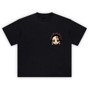 Tanjiro Flame Sword Tee front graphic showing a small left-chest chibi Tanjiro head with forehead mark, smile, and rectangular earrings on a black tee.