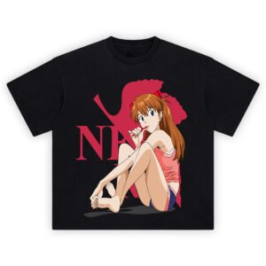 NERV Lollipop Pilot Anime Girl T Shirt featuring red-haired anime girl with lollipop in front of red NERV logo