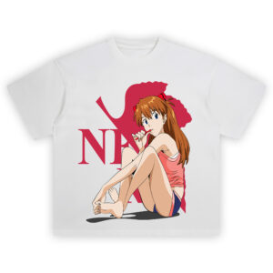 NERV Lollipop Pilot Anime Girl T Shirt featuring red-haired anime girl with lollipop in front of red NERV logo