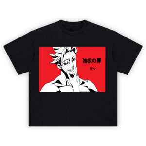 Ban Sin of Greed T-Shirt with black-and-white anime design on red background