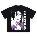 Gluttony Anime Shirt featuring winking anime woman, violet fur collar, red eye, vertical GLUTTONY text