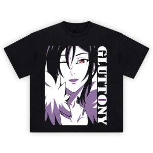 Gluttony Anime Shirt featuring winking anime woman, violet fur collar, red eye, vertical GLUTTONY text