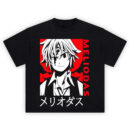 High-contrast portrait on the Meliodas Anime Shirt with demon mark, red skyline, vertical MELIODAS text and katakana name