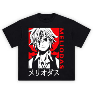 High-contrast portrait on the Meliodas Anime Shirt with demon mark, red skyline, vertical MELIODAS text and katakana name