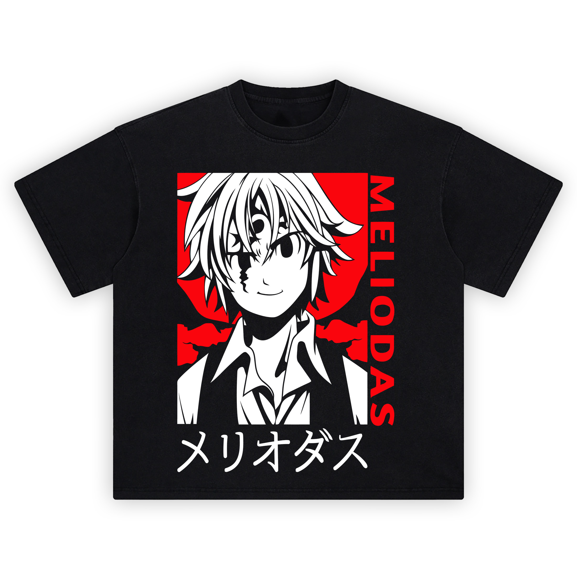 High-contrast portrait on the Meliodas Anime Shirt with demon mark, red skyline, vertical MELIODAS text and katakana name