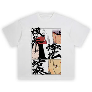 Legendary Sannin Split Panel T Shirt with anime close-ups of Tsunade, Jiraiya, and Orochimaru