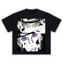 Naruto vs Pain Shirt with split panels showing yellow sage-like eyes and purple ripple eyes, bold shadows