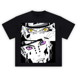 Naruto vs Pain Shirt with split panels showing yellow sage-like eyes and purple ripple eyes, bold shadows