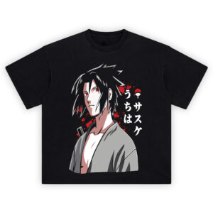 Sasuke Uchiha Shirt with red Sharingan eyes, grey robe, sword hilt, blood splatter, and Uchiha clan text/crest