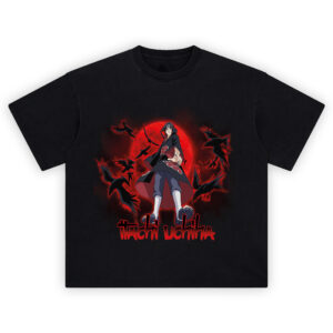Itachi Uchiha T Shirt featuring Itachi in Akatsuki cloak summoning crows with red moon background