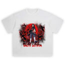 Itachi Uchiha T Shirt featuring Itachi in Akatsuki cloak summoning crows with red moon background