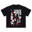 Akatsuki Shirt collage with red clouds, multiple cloaked villains, spiral mask, sharp black-white-gray art