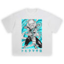 Tobirama Senju Shirt featuring lunging shinobi, aqua water surge, black ink energy, fur-collared armor, teal katakana
