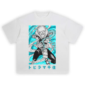 Tobirama Senju Shirt featuring lunging shinobi, aqua water surge, black ink energy, fur-collared armor, teal katakana