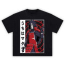 Madara Uchiha Shirt with red samurai-style armor, spiked hair, ringed eye, red arcs, and vertical Japanese name