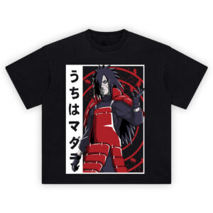 Madara Uchiha Shirt with red samurai-style armor, spiked hair, ringed eye, red arcs, and vertical Japanese name