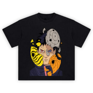 Obito Mask Shirt with shattered yellow, gray, and orange spiral masks revealing red and blue eyes
