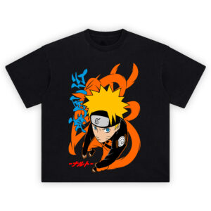 Naruto Jump Pose Shirt with top-down leap, side Japanese lettering, and swirling motion shapes