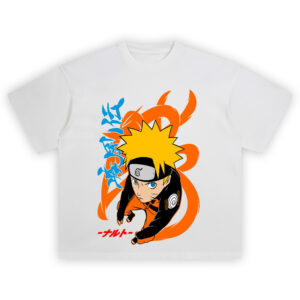 Naruto Jump Pose Shirt with top-down leap, side Japanese lettering, and swirling motion shapes