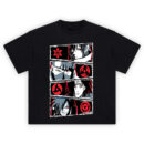 Sharingan Eyes Shirt with torn panels, red clan emblems, and four Uchiha portraits in black, grey, and crimson