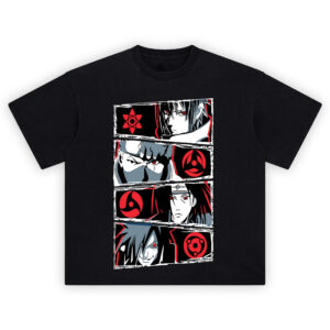 Sharingan Eyes Shirt with torn panels, red clan emblems, and four Uchiha portraits in black, grey, and crimson