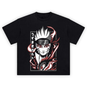 Uzumaki Naruto Shirt with framed portrait, red eyes, whisker marks, swirling red flames, and a beastly eye detail