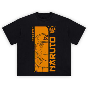 Naruto Orange Panel Shirt with tall orange manga frame, black line art portrait, vertical Japanese text, and bold NARUTO typography