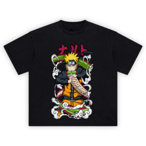 Naruto Scroll Shirt with focused pose, unwinding green scroll, hand sign, and swirling white smoke