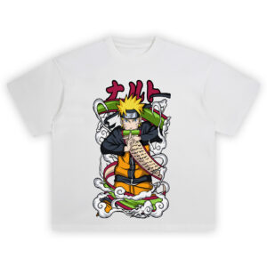 Naruto Scroll Shirt with focused pose, unwinding green scroll, hand sign, and swirling white smoke