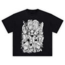 Akatsuki Collage Shirt with grayscale manga panels, central leader pose, spiral mask, speed lines, and cloaked villains