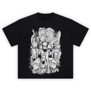 Akatsuki Collage Shirt with grayscale manga panels, central leader pose, spiral mask, speed lines, and cloaked villains