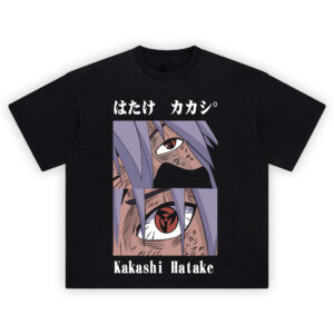 Kakashi Hatake Shirt with two manga panels showing masked face, lavender hair, and red Sharingan close-up