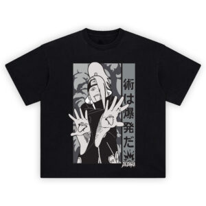 Deidara Shirt showing grayscale close-up of Deidara with mouth-hands, side Japanese text, and explosive icon