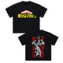 My Hero Academia Graphic Tee showing the front “MY HERO ACADEMIA” red-and-white title with large yellow Japanese logo text, and the back grayscale hero action scene with lightning shapes, red Japanese lettering, and red splatter accents on a black tee.