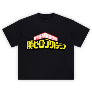 My Hero Academia Graphic Tee front graphic showing the “MY HERO ACADEMIA” title with large yellow Japanese logo text centered on a black tee.
