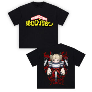 My Hero Academia Double-Sided Graphic Tee showing the front logo and Japanese title graphic plus the back character illustration with red graffiti text and hearts on a black tee.
