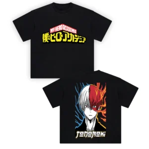 Shoto Todoroki Graphic Tee showing the My Hero Academia logo on the front and a split character portrait with flame and ice motifs on the back.
