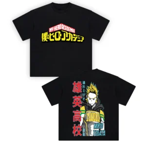 My Hero Academia Mirio Togata Tee showing the red and yellow series logo on the front and Mirio Togata artwork on the back.