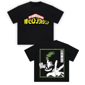 Izuku Midoriya Graphic Tee showing the My Hero Academia logo on the front and a framed manga-style Deku illustration on the back.
