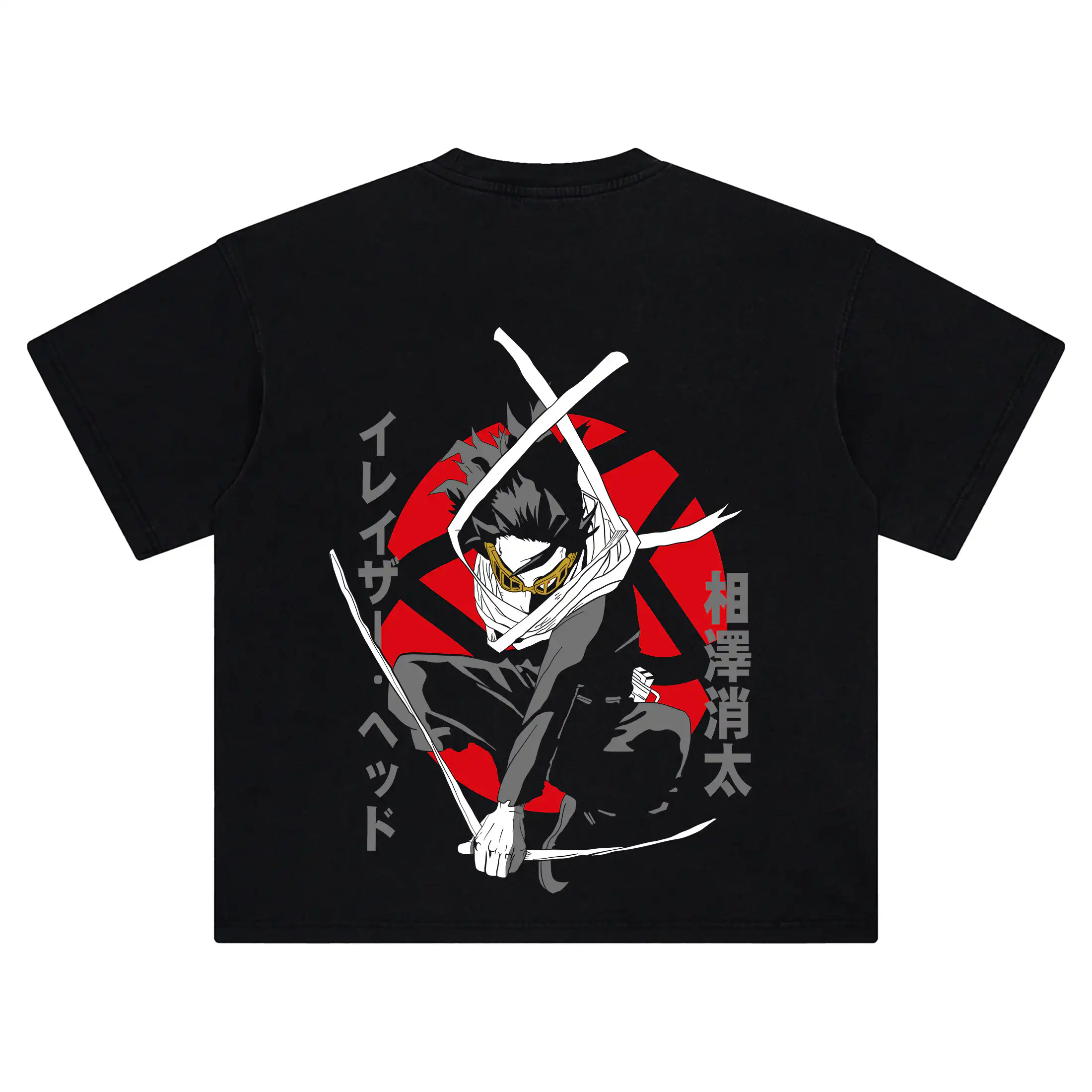 Shota Aizawa crouched with his capture weapon flowing around him, framed by Japanese lettering and a graphic backdrop.