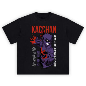 Kacchan Shirt with purple-armored hero, red X harness, blast flare, large KACCHAN title, and vertical Japanese text