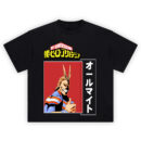 All Might Shirt with red framed portrait, vertical Japanese text, and hero thumbs-up in red-white-blue suit