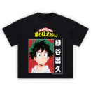 Deku Shirt with framed portrait, green-tipped hair, wide emerald eyes, vertical Japanese text, red background