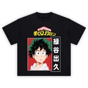 Deku Shirt with framed portrait, green-tipped hair, wide emerald eyes, vertical Japanese text, red background