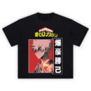 Bakugo Shirt featuring side-profile hero with glowing hand explosion, red framed backdrop, and vertical Japanese text
