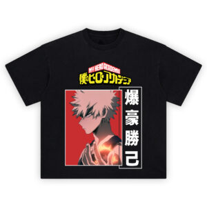 Bakugo Shirt featuring side-profile hero with glowing hand explosion, red framed backdrop, and vertical Japanese text