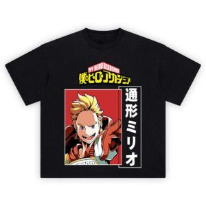 Mirio Togata Shirt with dynamic finger-point pose, blonde hair, blue eyes, red framed background, and vertical Japanese text
