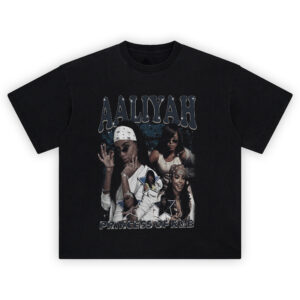 Aaliyah Princess of RnB T Shirt featuring collage of Aaliyah in iconic '90s outfits and bandana
