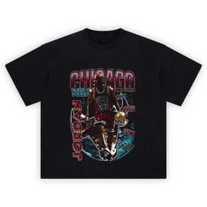 Michael Jordan Chicago Champions T Shirt featuring Jordan in Bulls jersey with championship years listed